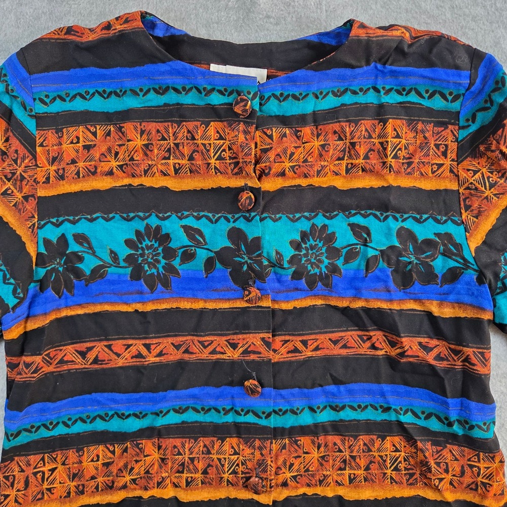 Lee Winter Blouse Women Large Multicolor Tribal Floral Button Front Vintage 90s